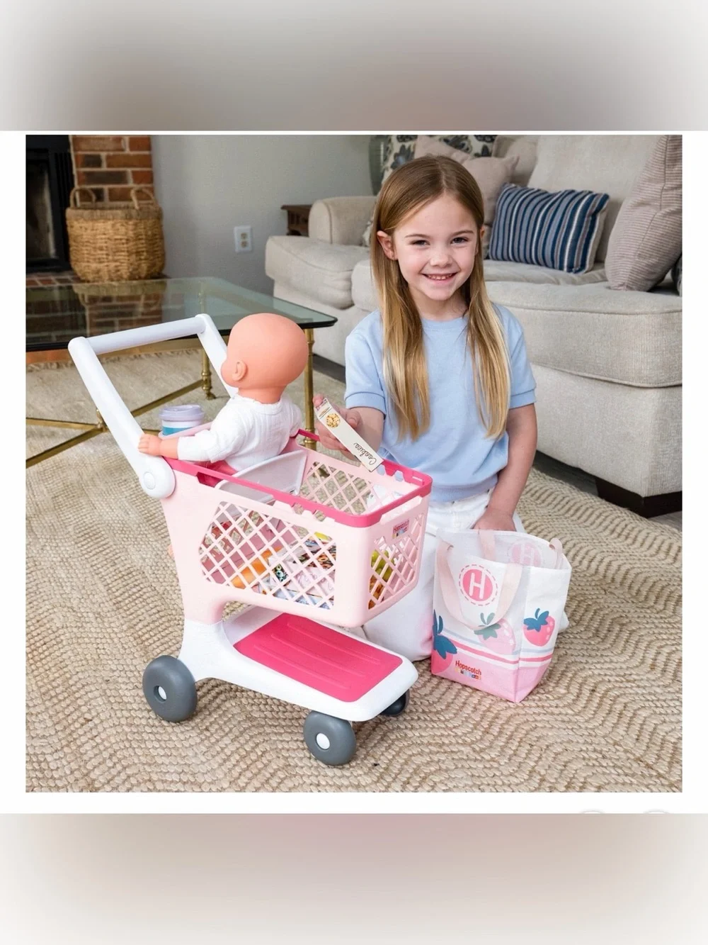 Pink Kids Play Shopping Cart with Tote Bag